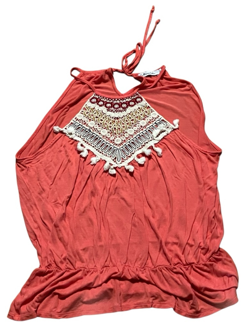 Culture Code Coral Halter Top Embroidery Tassel Front Size Beachy Boho XL